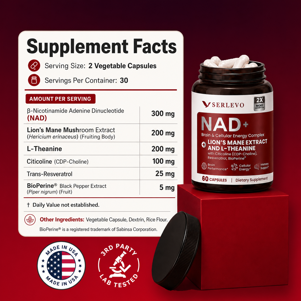 NAD Supplement -  Liposomal NAD+  with Resveratrol, Quercitin and Bioperine - 60 Veggie Capsules